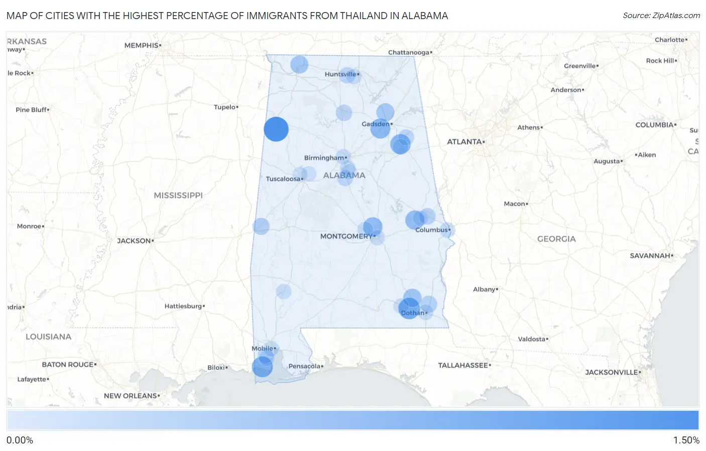 Cities with the Highest Percentage of Immigrants from Thailand in Alabama Map