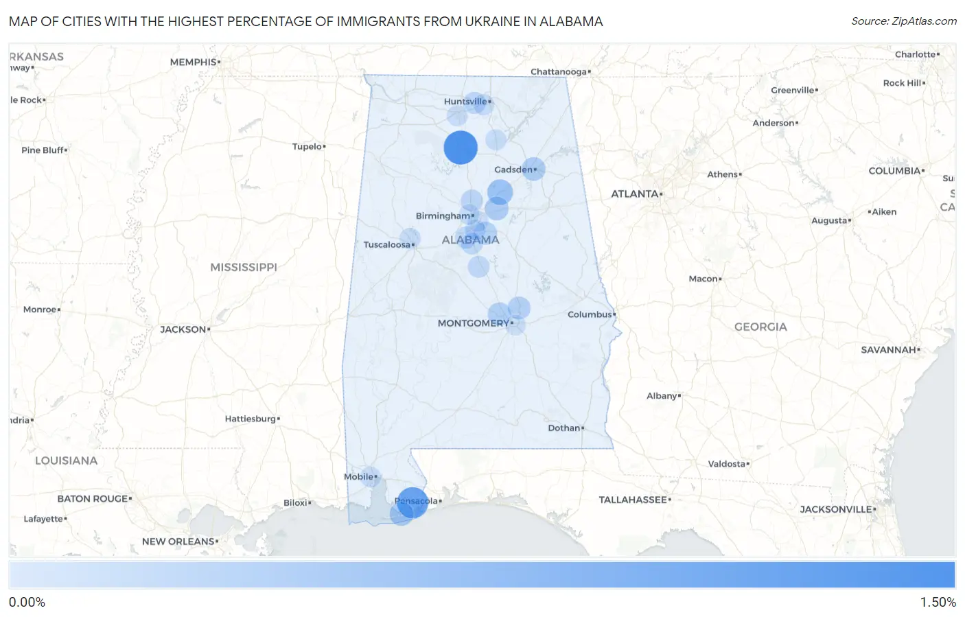 Cities with the Highest Percentage of Immigrants from Ukraine in Alabama Map