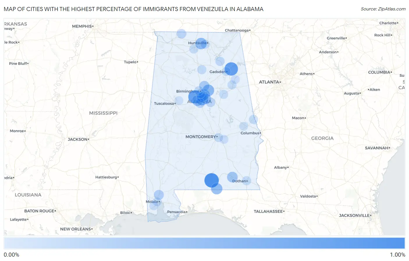 Cities with the Highest Percentage of Immigrants from Venezuela in Alabama Map