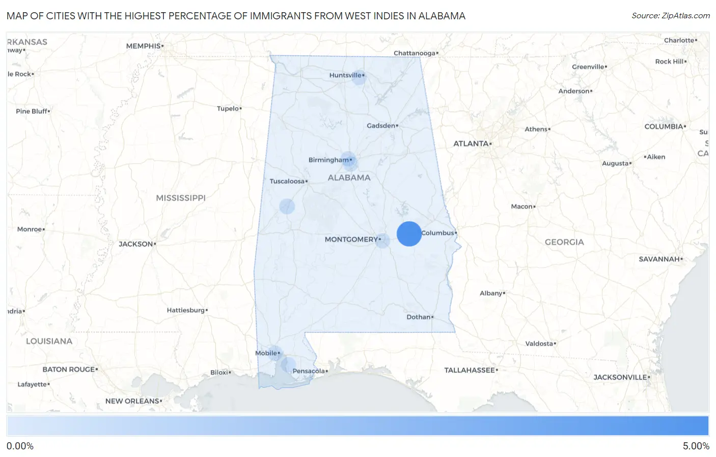 Cities with the Highest Percentage of Immigrants from West Indies in Alabama Map
