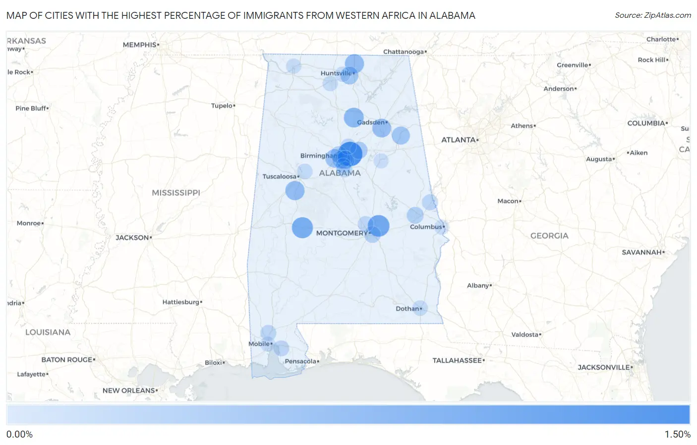 Cities with the Highest Percentage of Immigrants from Western Africa in Alabama Map