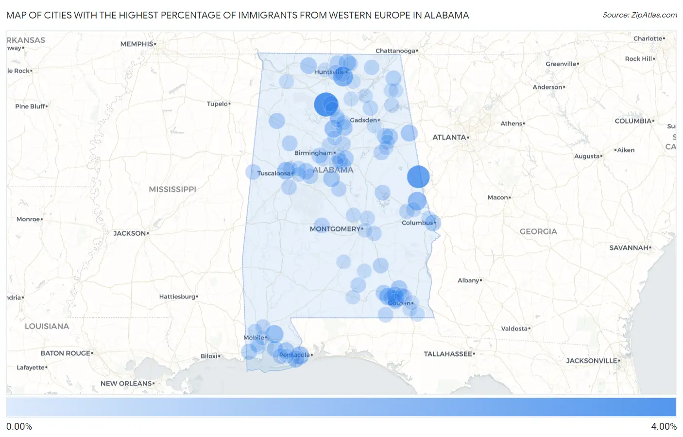 Cities with the Highest Percentage of Immigrants from Western Europe in Alabama Map