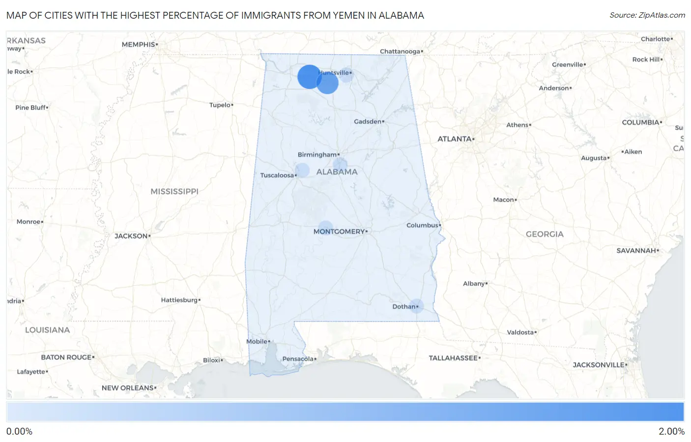 Cities with the Highest Percentage of Immigrants from Yemen in Alabama Map