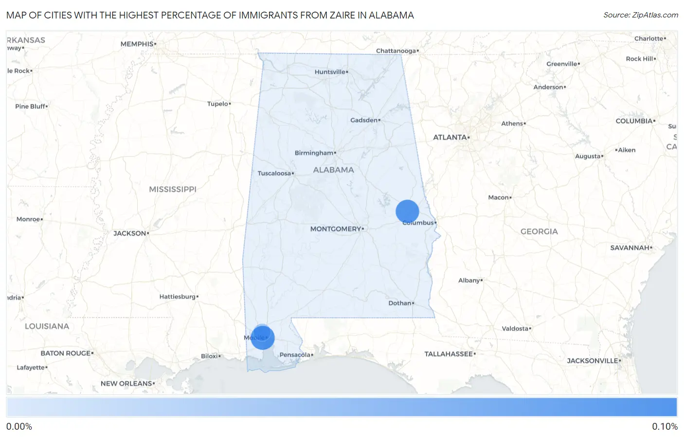 Cities with the Highest Percentage of Immigrants from Zaire in Alabama Map