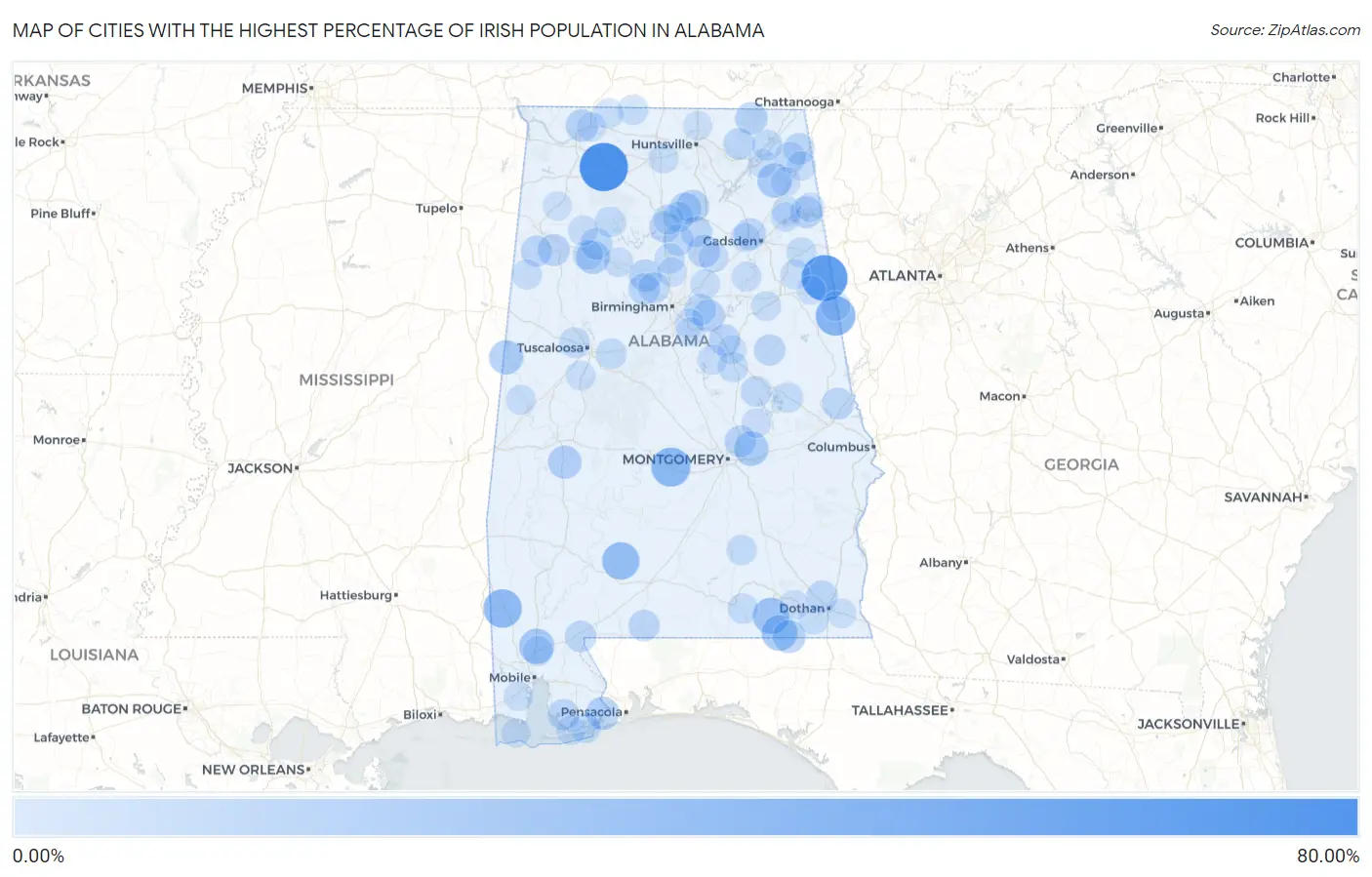 Cities with the Highest Percentage of Irish Population in Alabama Map