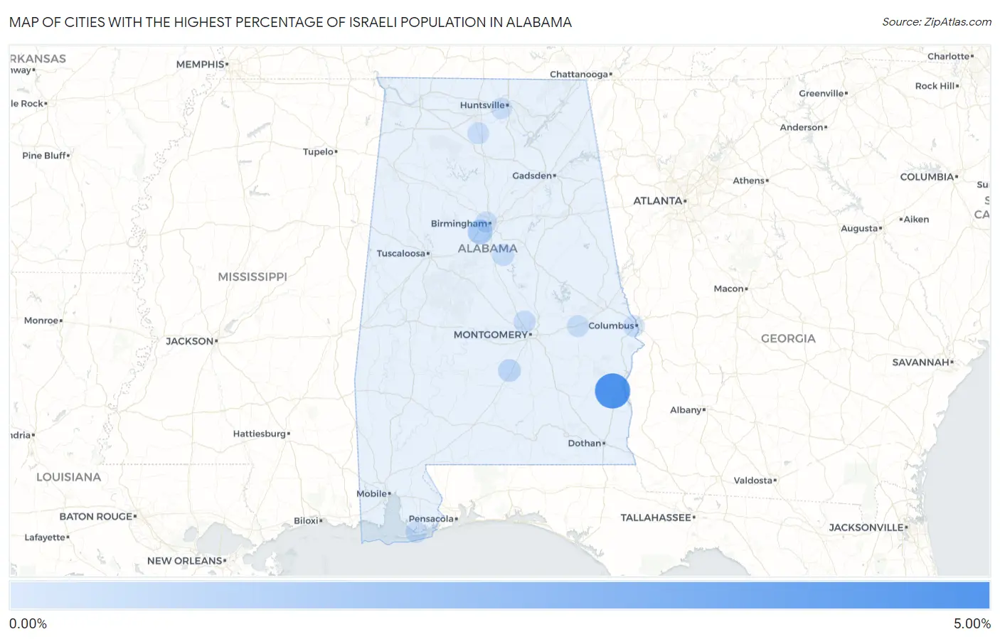 Cities with the Highest Percentage of Israeli Population in Alabama Map