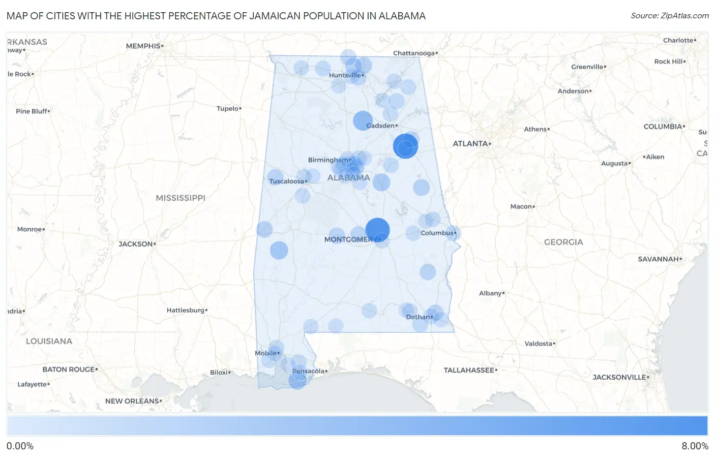 Cities with the Highest Percentage of Jamaican Population in Alabama Map