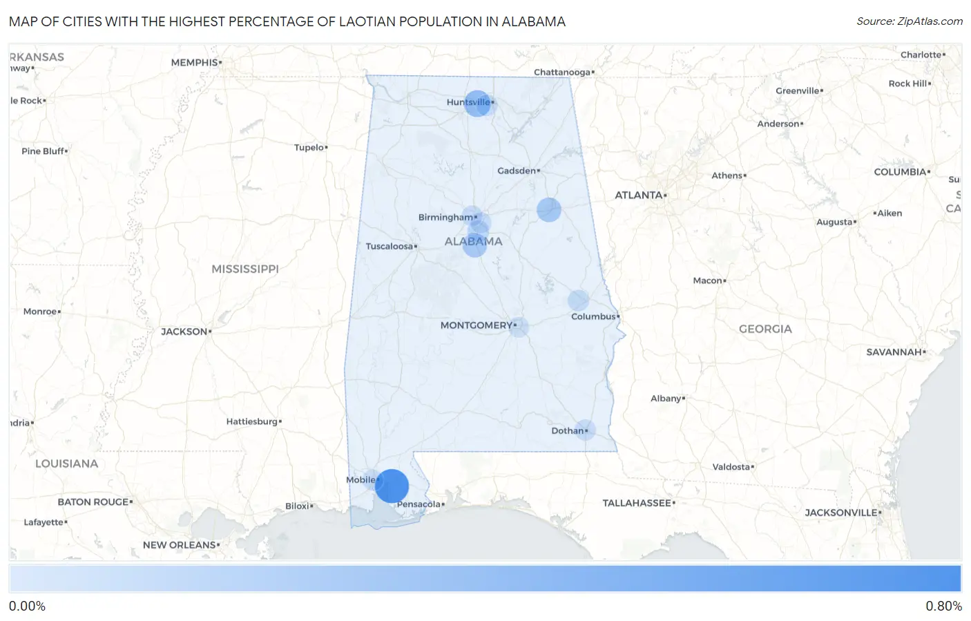 Cities with the Highest Percentage of Laotian Population in Alabama Map