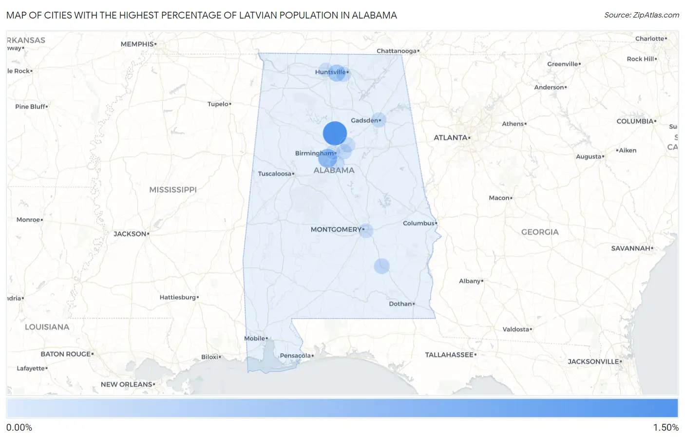 Cities with the Highest Percentage of Latvian Population in Alabama Map
