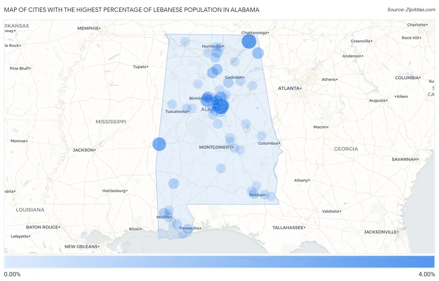 Cities with the Highest Percentage of Lebanese Population in Alabama Map