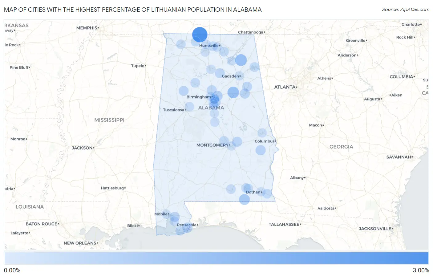 Cities with the Highest Percentage of Lithuanian Population in Alabama Map