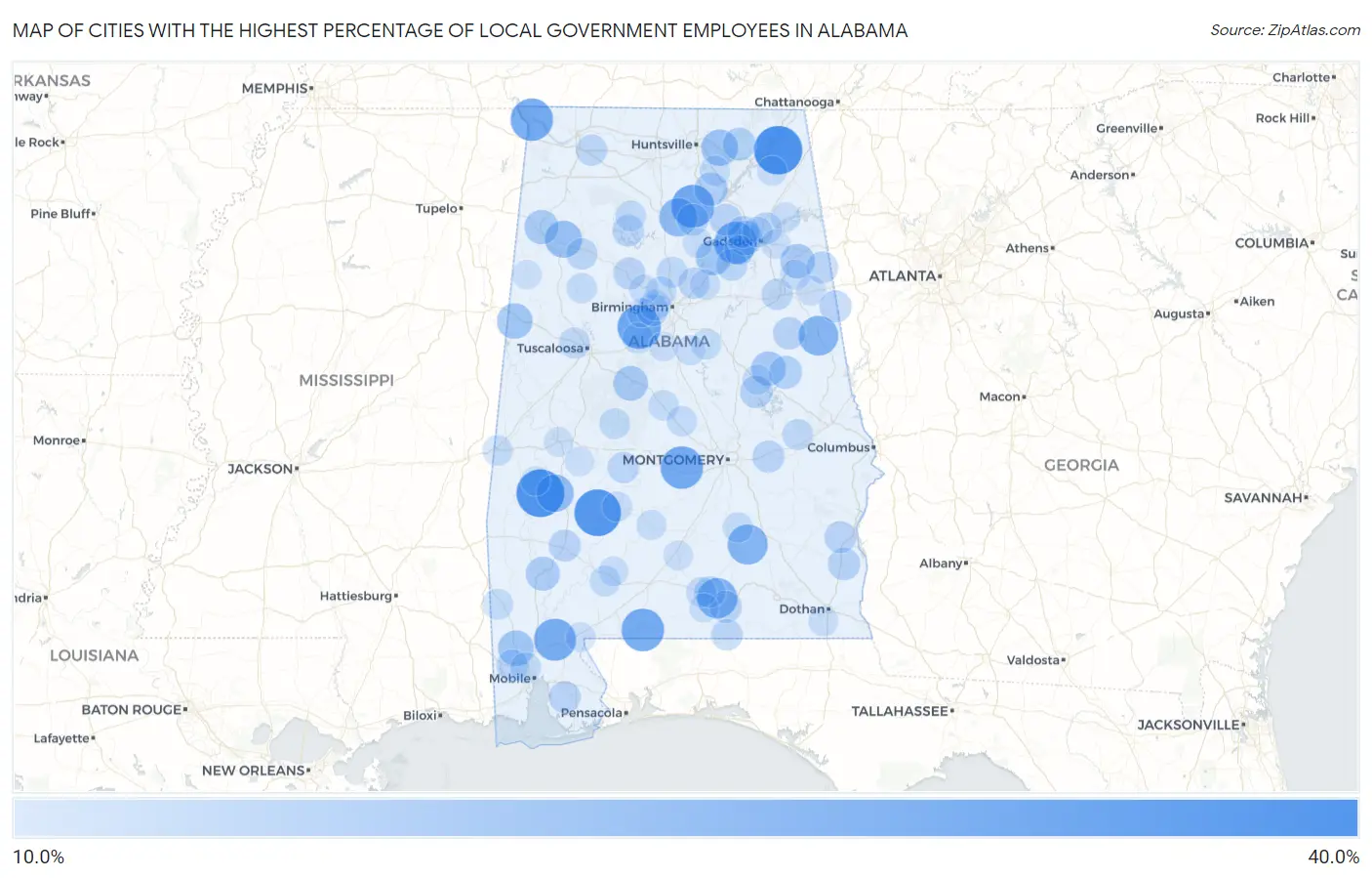 Cities with the Highest Percentage of Local Government Employees in Alabama Map