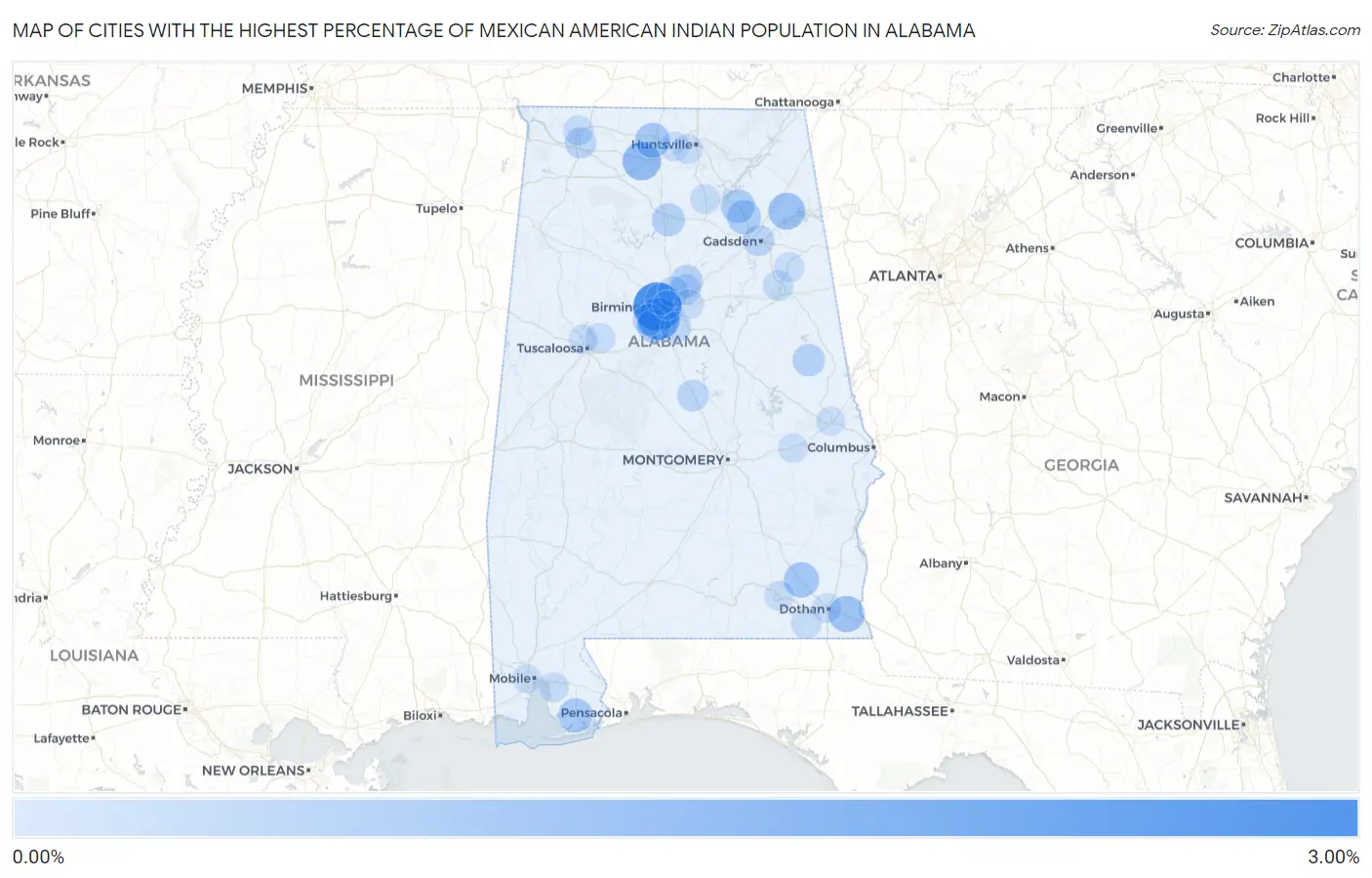 Cities with the Highest Percentage of Mexican American Indian Population in Alabama Map