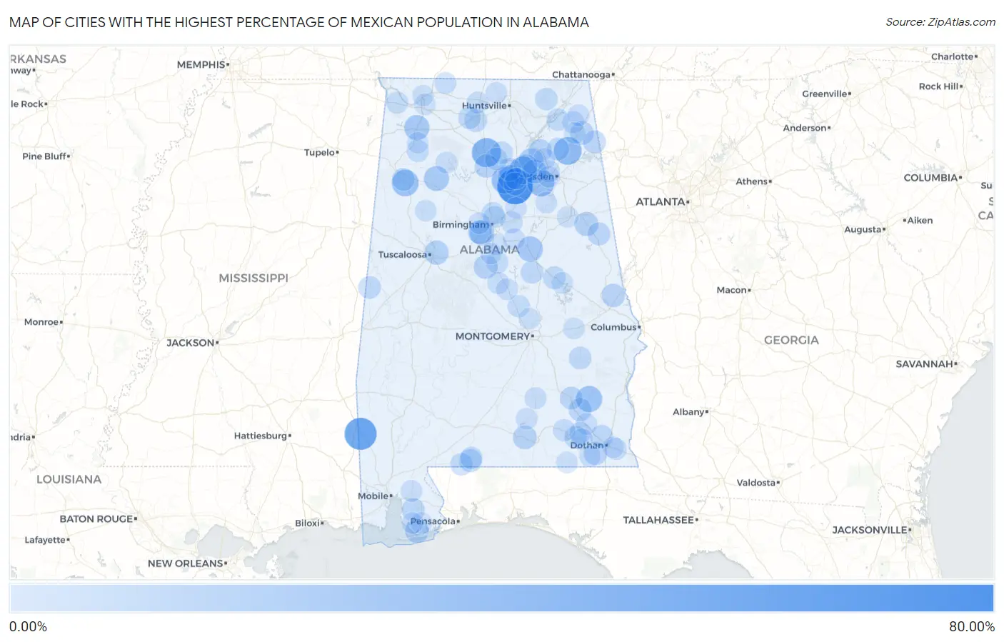Cities with the Highest Percentage of Mexican Population in Alabama Map