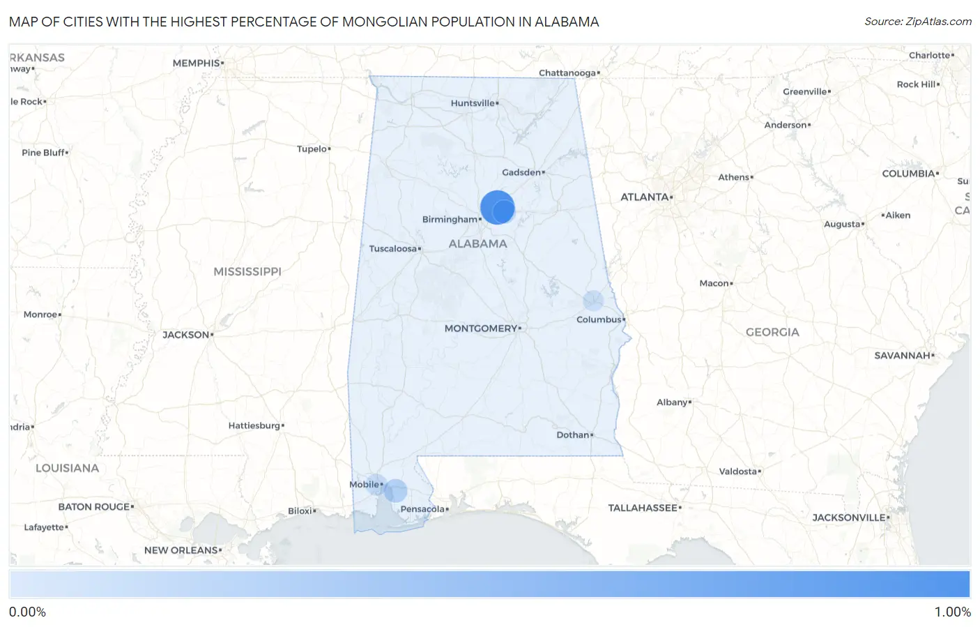 Cities with the Highest Percentage of Mongolian Population in Alabama Map