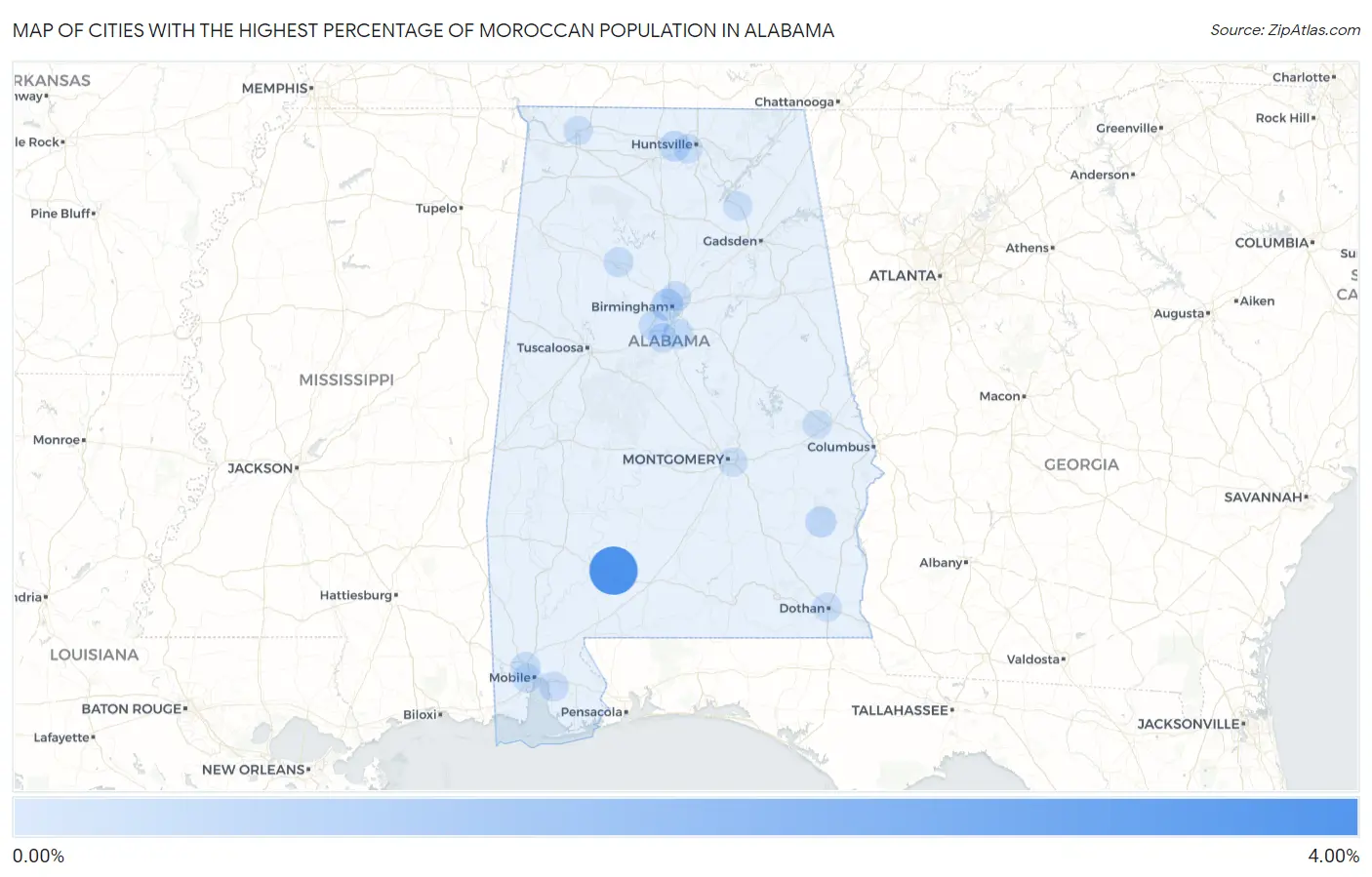 Cities with the Highest Percentage of Moroccan Population in Alabama Map