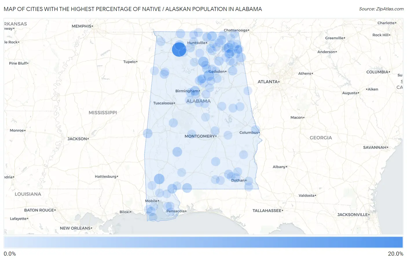 Cities with the Highest Percentage of Native / Alaskan Population in Alabama Map