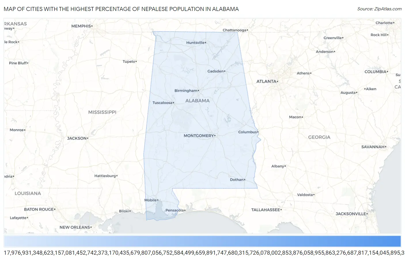 Cities with the Highest Percentage of Nepalese Population in Alabama Map