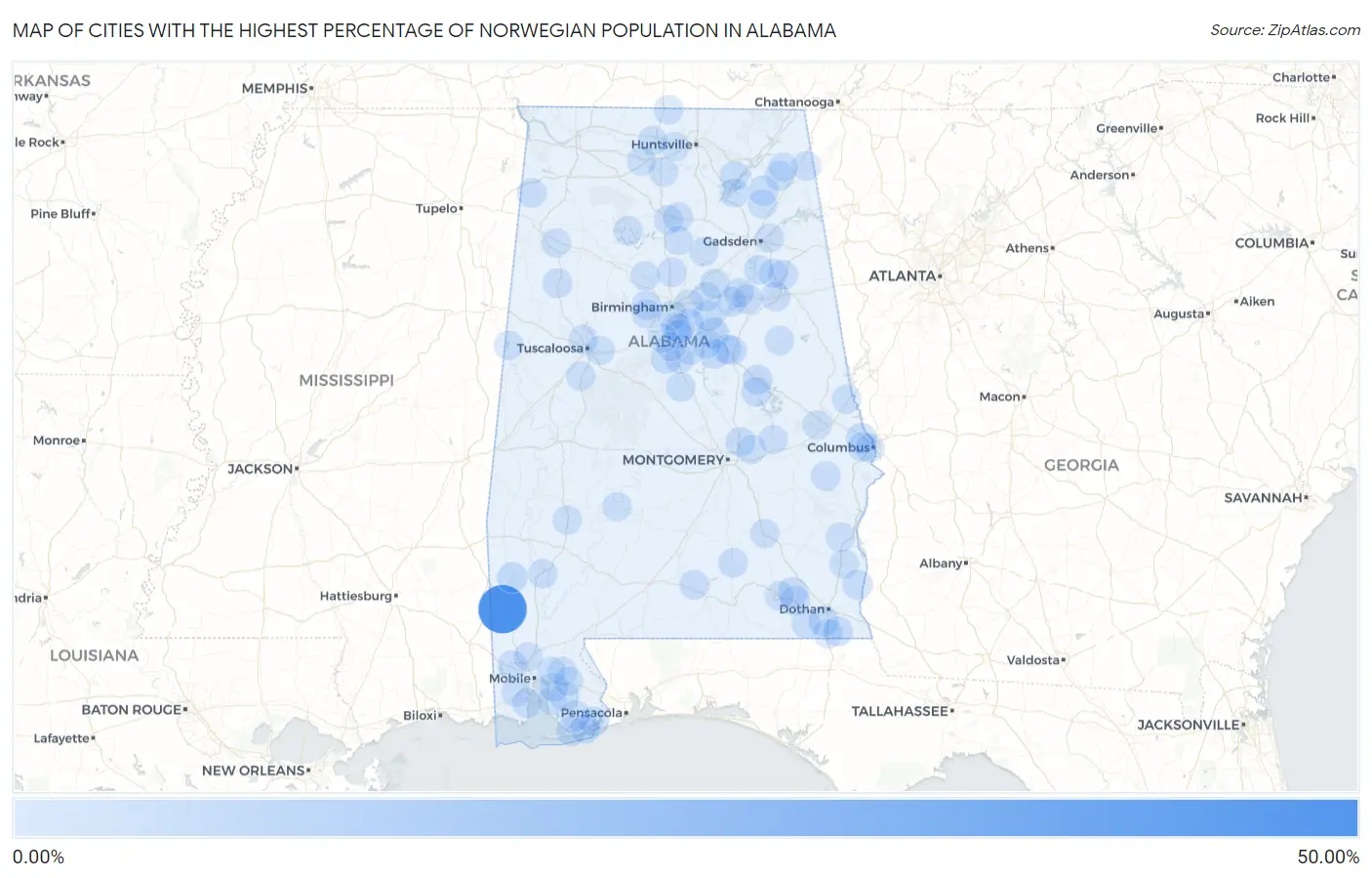 Cities with the Highest Percentage of Norwegian Population in Alabama Map