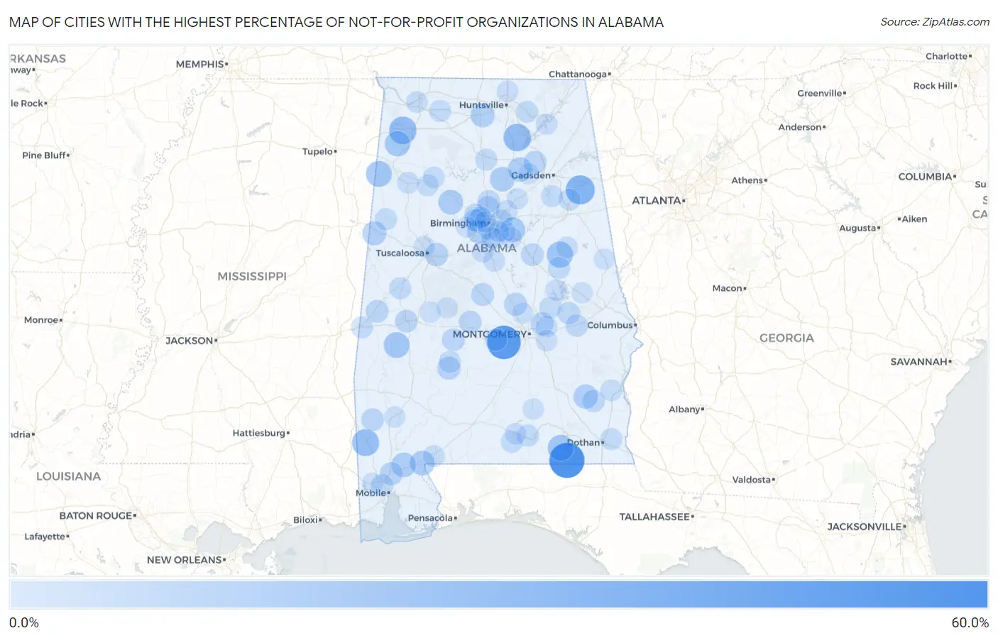 Cities with the Highest Percentage of Not-for-profit Organizations in Alabama Map