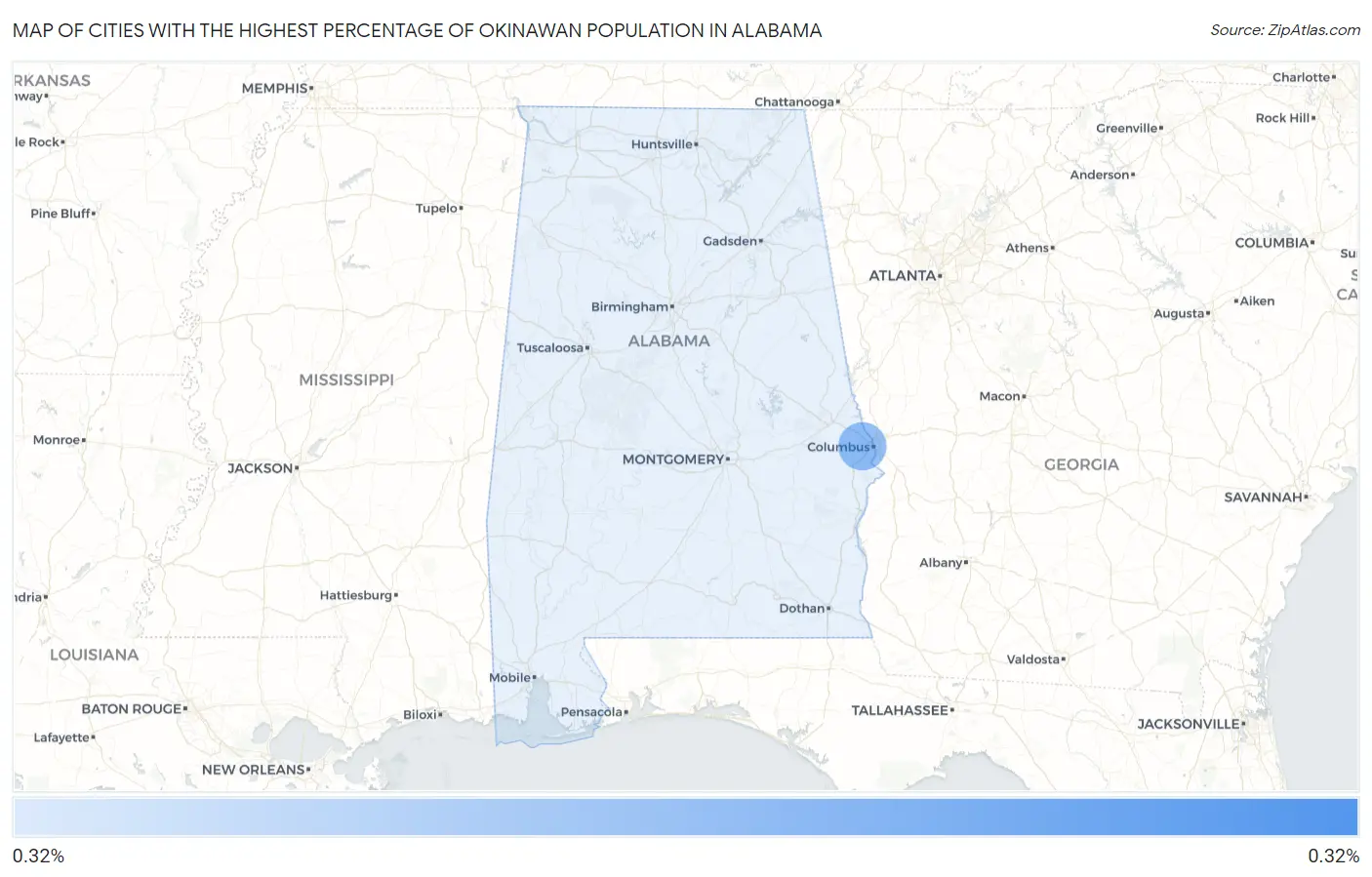 Cities with the Highest Percentage of Okinawan Population in Alabama Map
