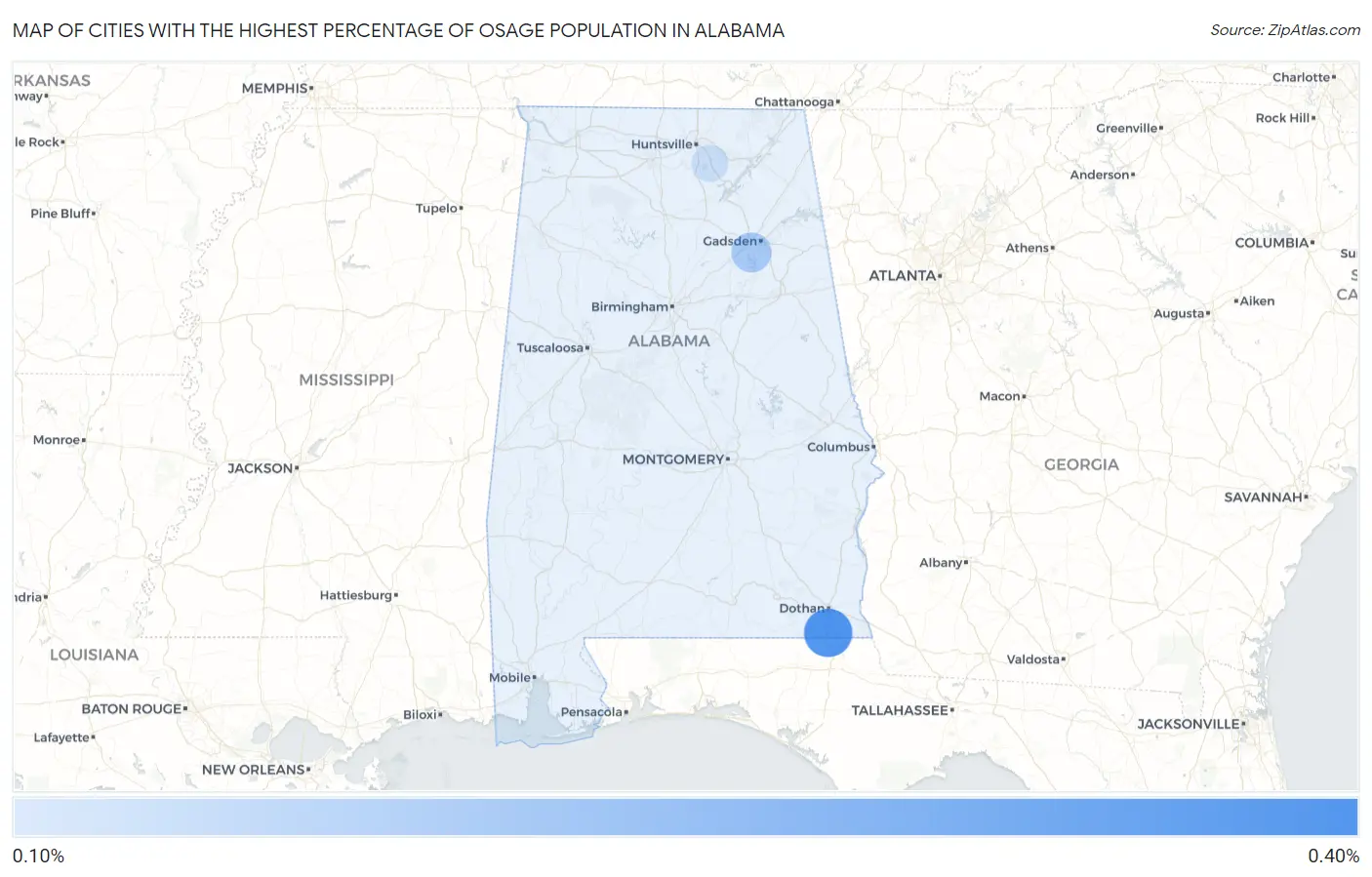 Cities with the Highest Percentage of Osage Population in Alabama Map