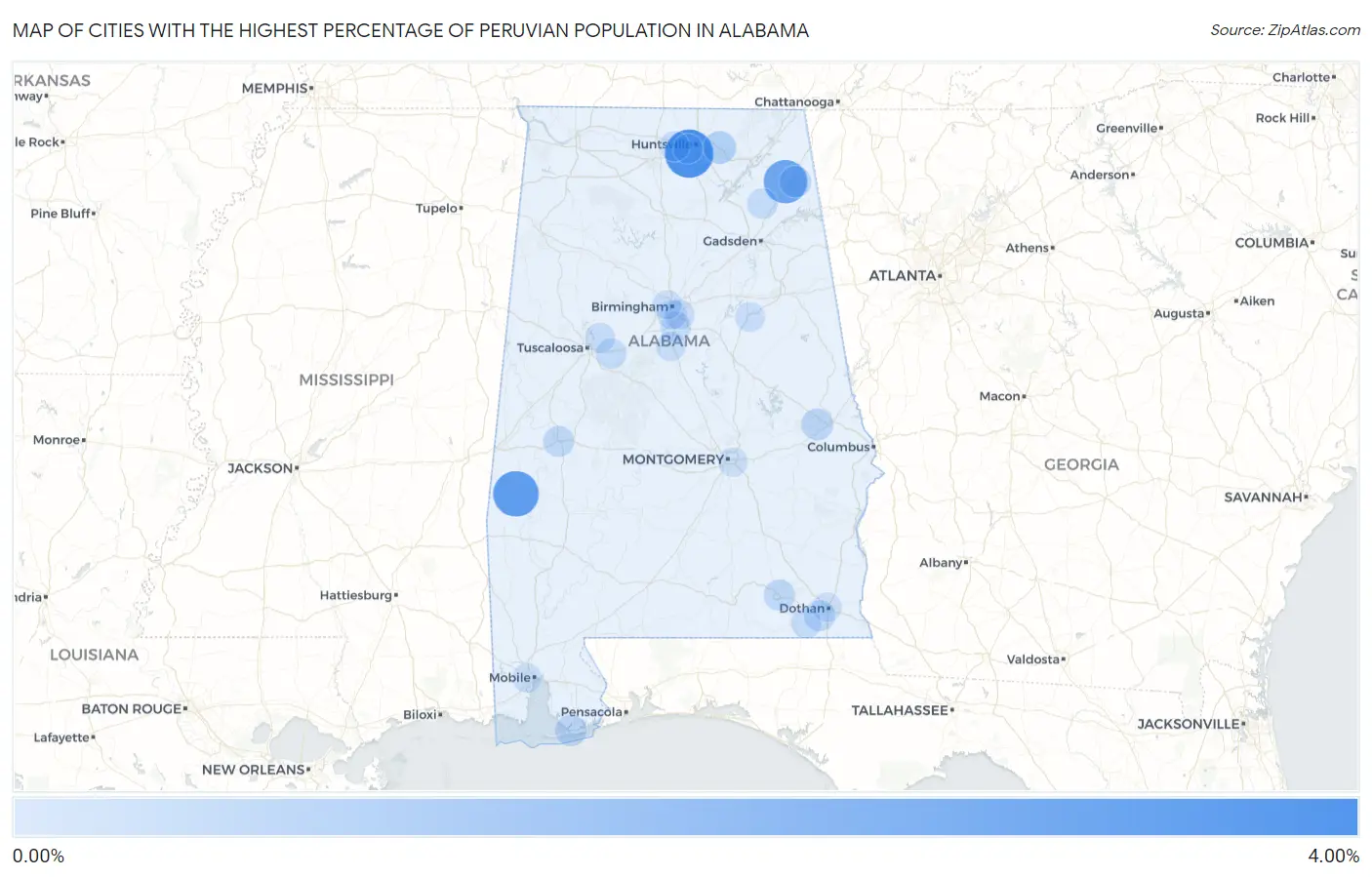 Cities with the Highest Percentage of Peruvian Population in Alabama Map