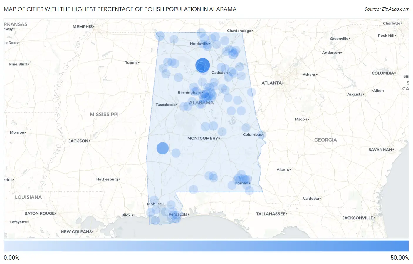 Cities with the Highest Percentage of Polish Population in Alabama Map