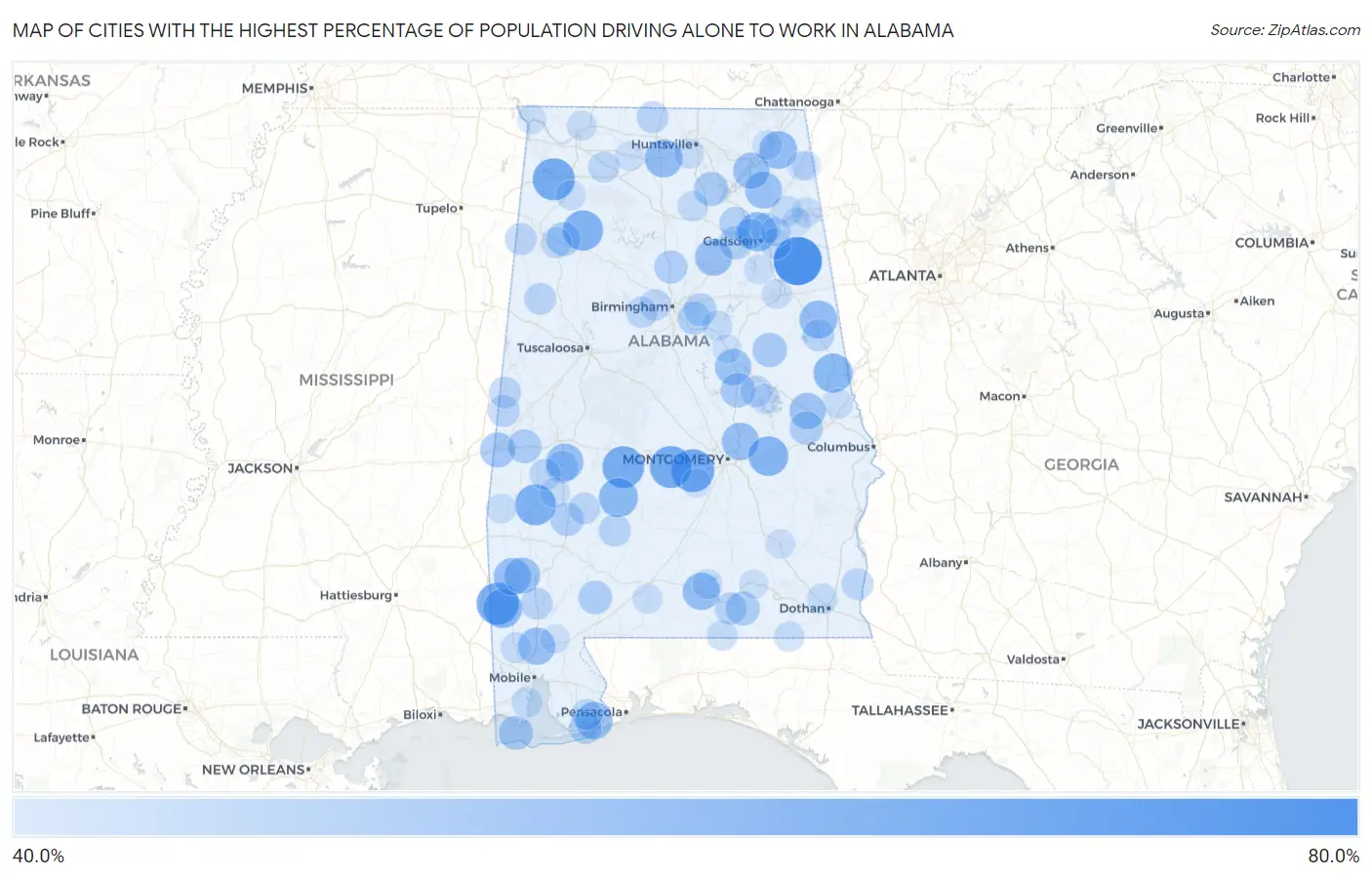 Cities with the Highest Percentage of Population Driving Alone to Work in Alabama Map