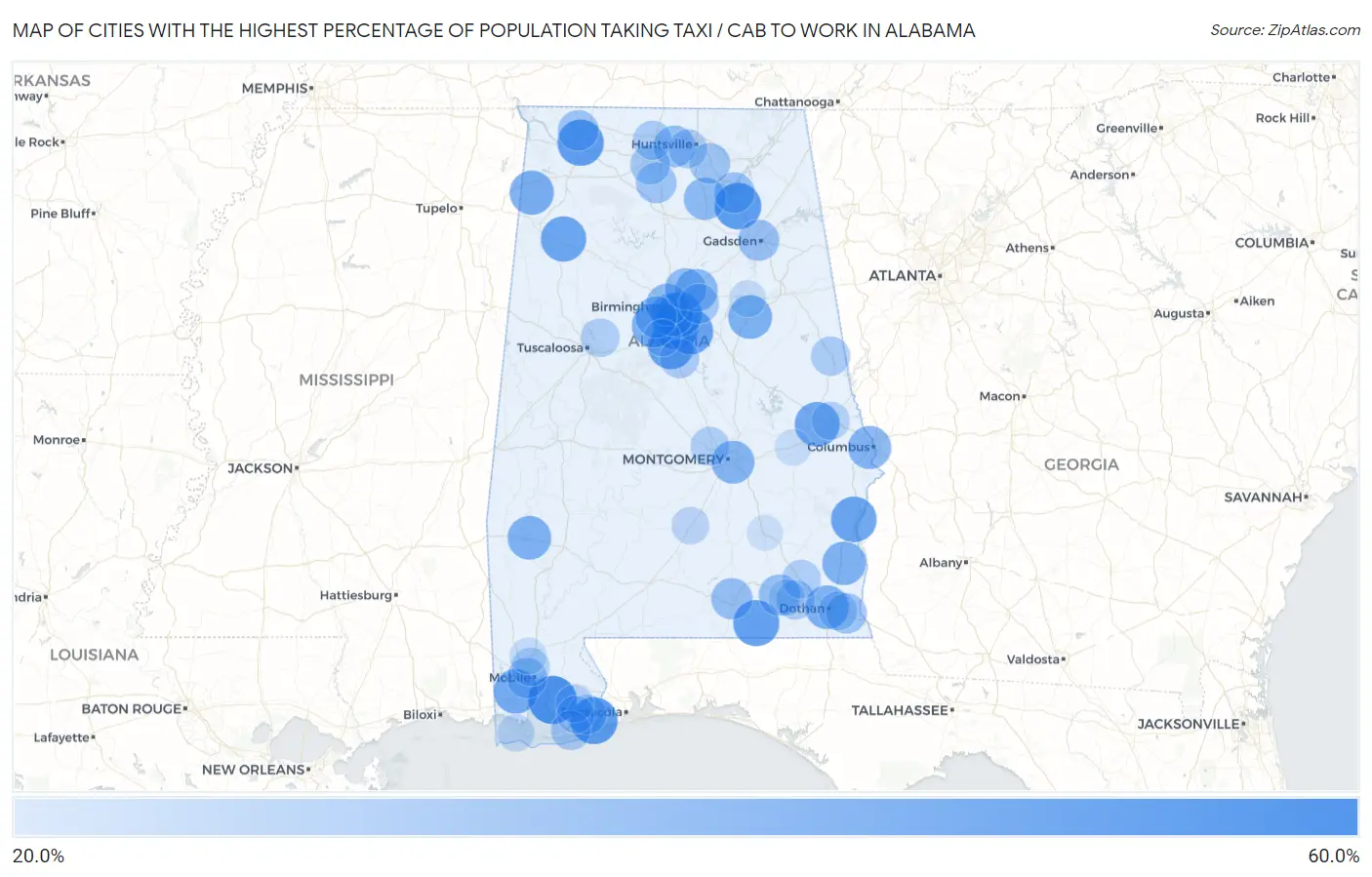 Cities with the Highest Percentage of Population Taking Taxi / Cab to Work in Alabama Map