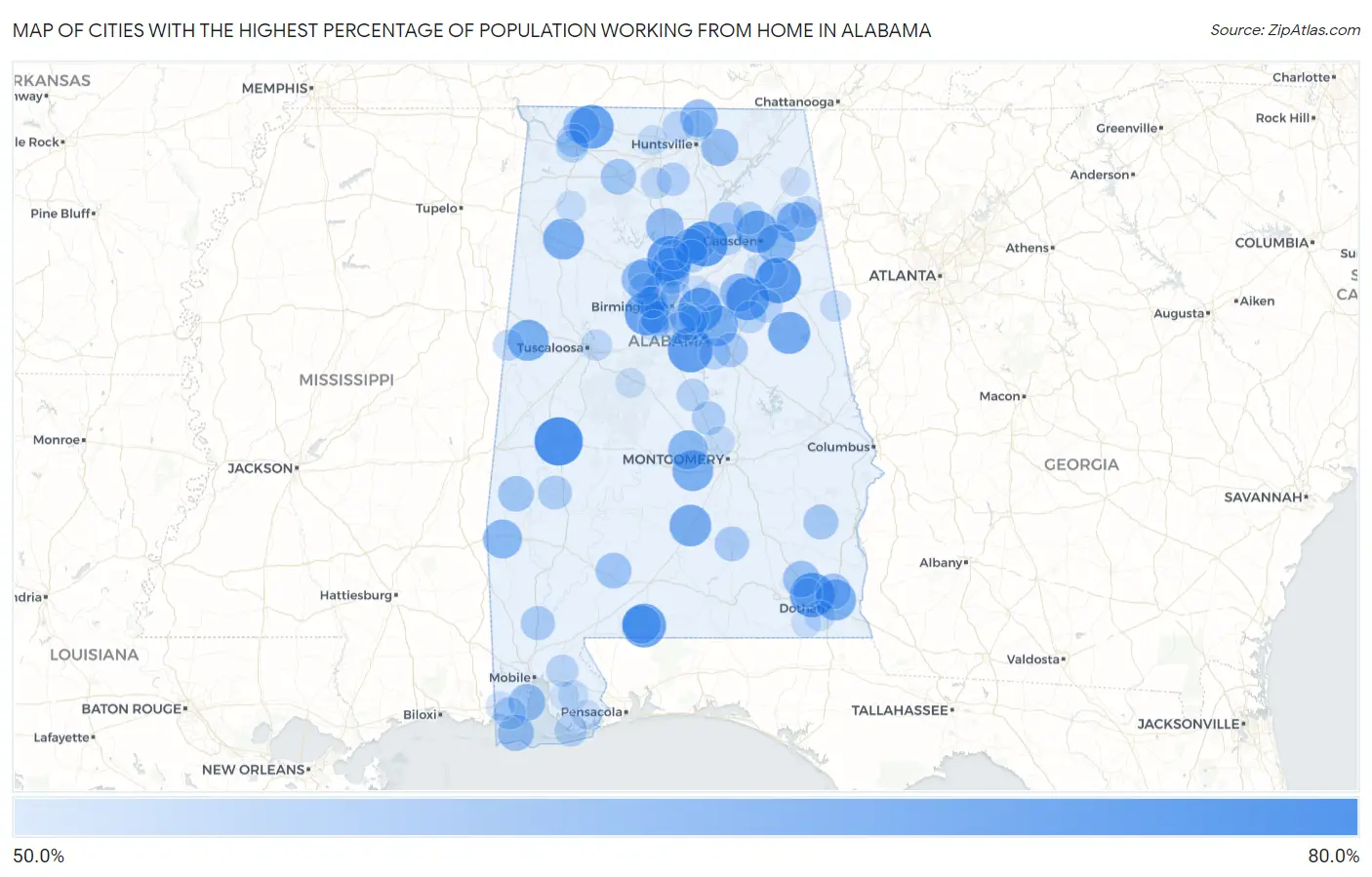 Cities with the Highest Percentage of Population Working from Home in Alabama Map