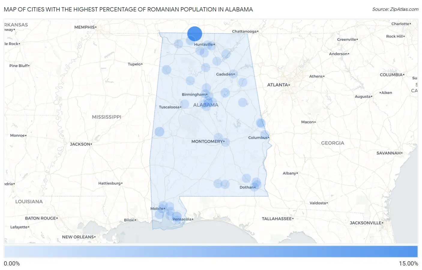 Cities with the Highest Percentage of Romanian Population in Alabama Map