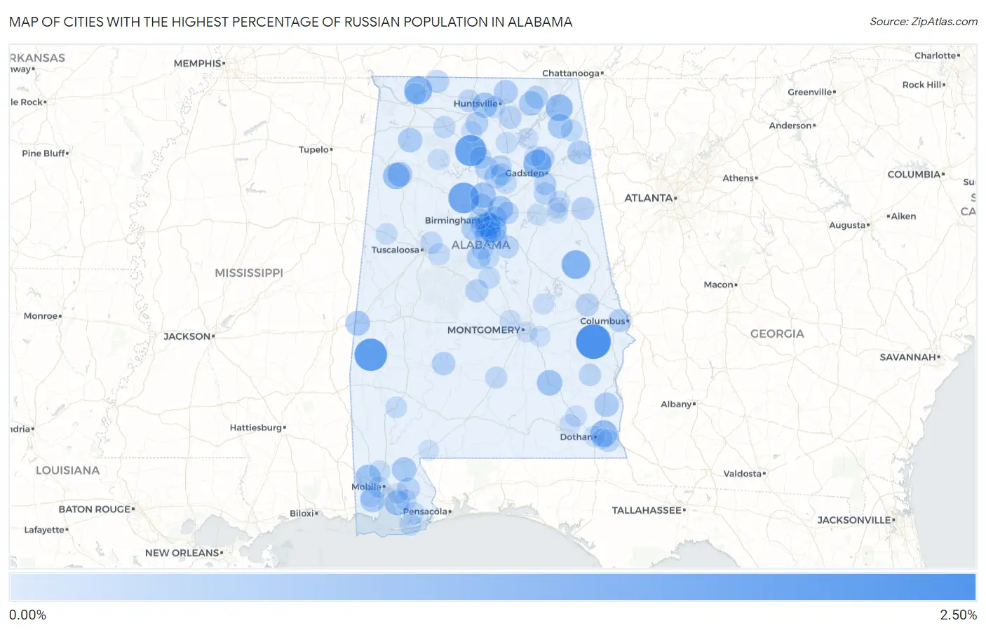 Cities with the Highest Percentage of Russian Population in Alabama Map