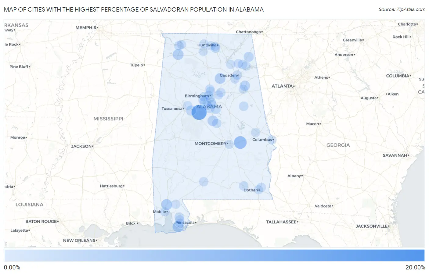 Cities with the Highest Percentage of Salvadoran Population in Alabama Map