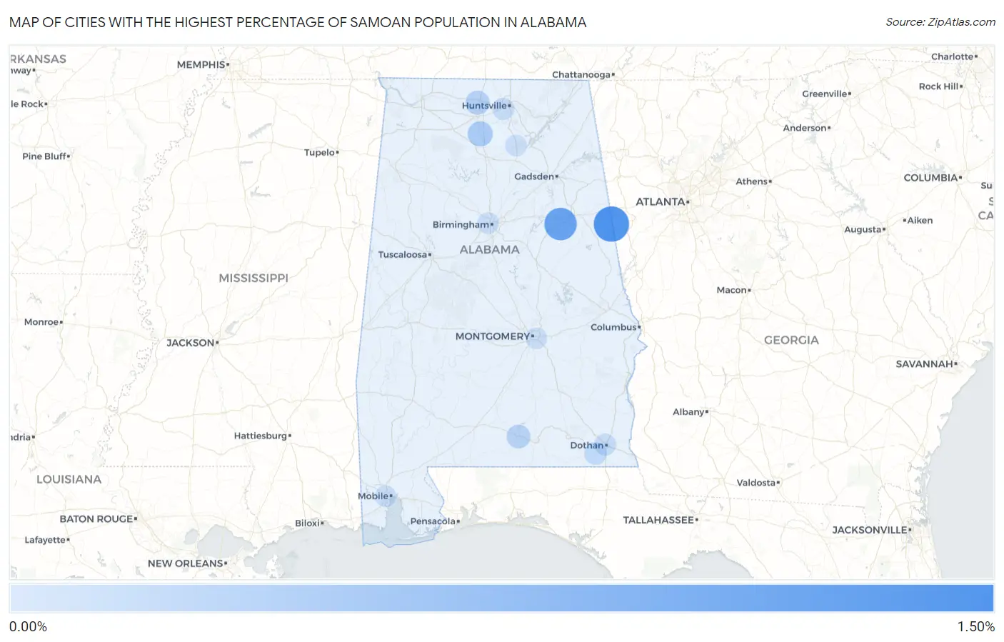 Cities with the Highest Percentage of Samoan Population in Alabama Map