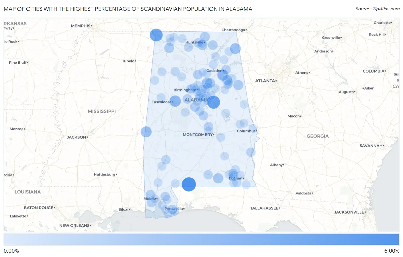 Cities with the Highest Percentage of Scandinavian Population in Alabama Map
