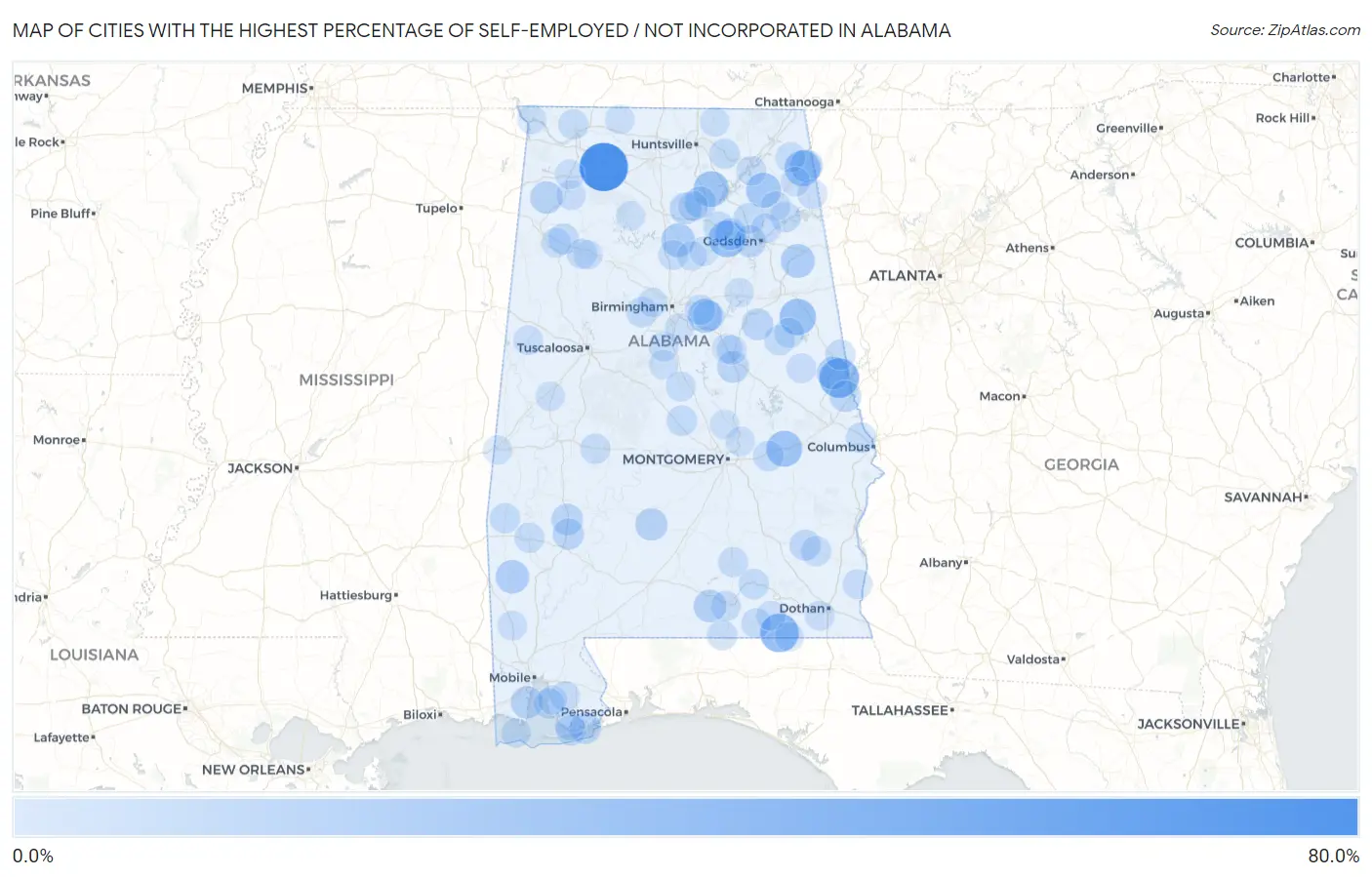 Cities with the Highest Percentage of Self-Employed / Not Incorporated in Alabama Map