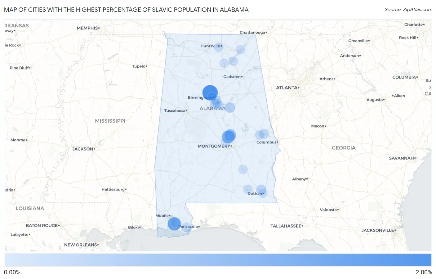 Cities with the Highest Percentage of Slavic Population in Alabama Map