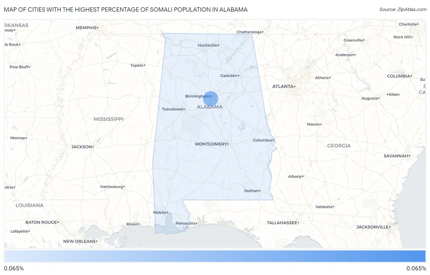 Cities with the Highest Percentage of Somali Population in Alabama Map