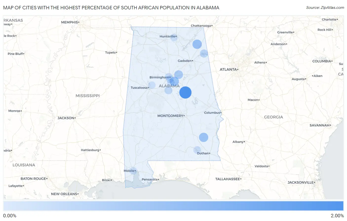 Cities with the Highest Percentage of South African Population in Alabama Map