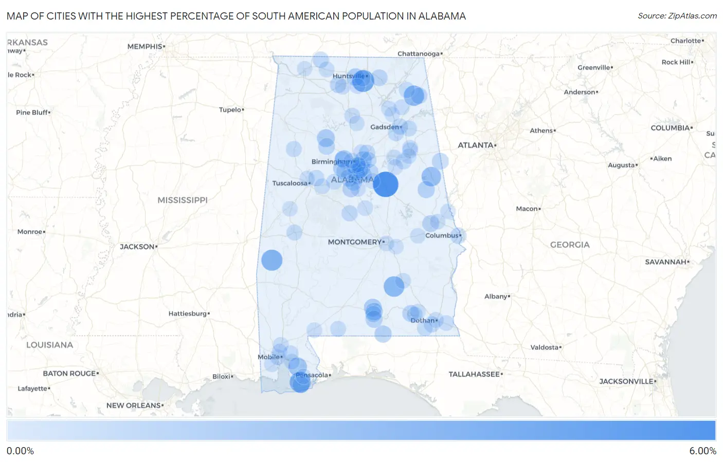Cities with the Highest Percentage of South American Population in Alabama Map