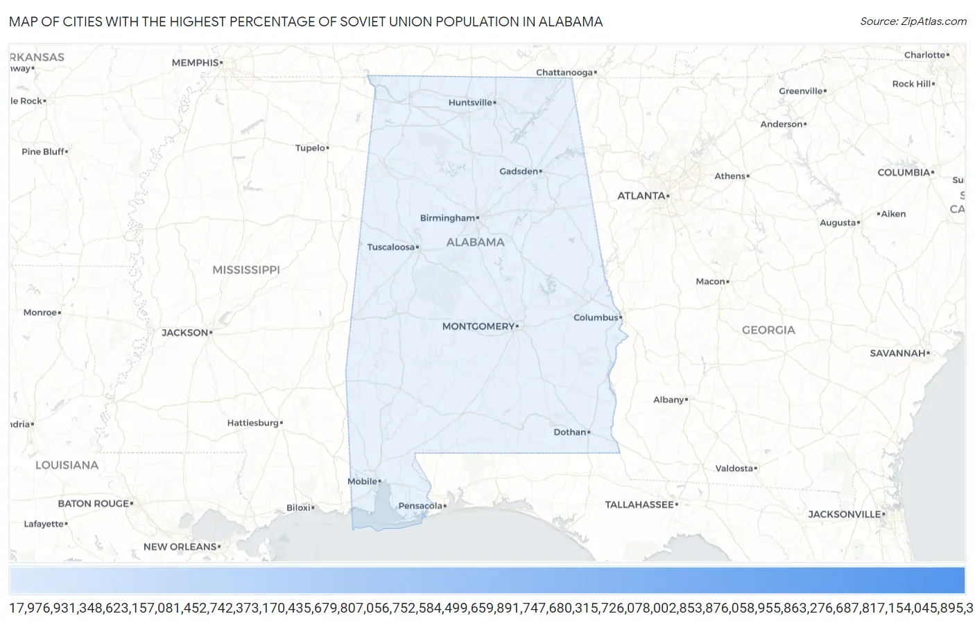 Cities with the Highest Percentage of Soviet Union Population in Alabama Map