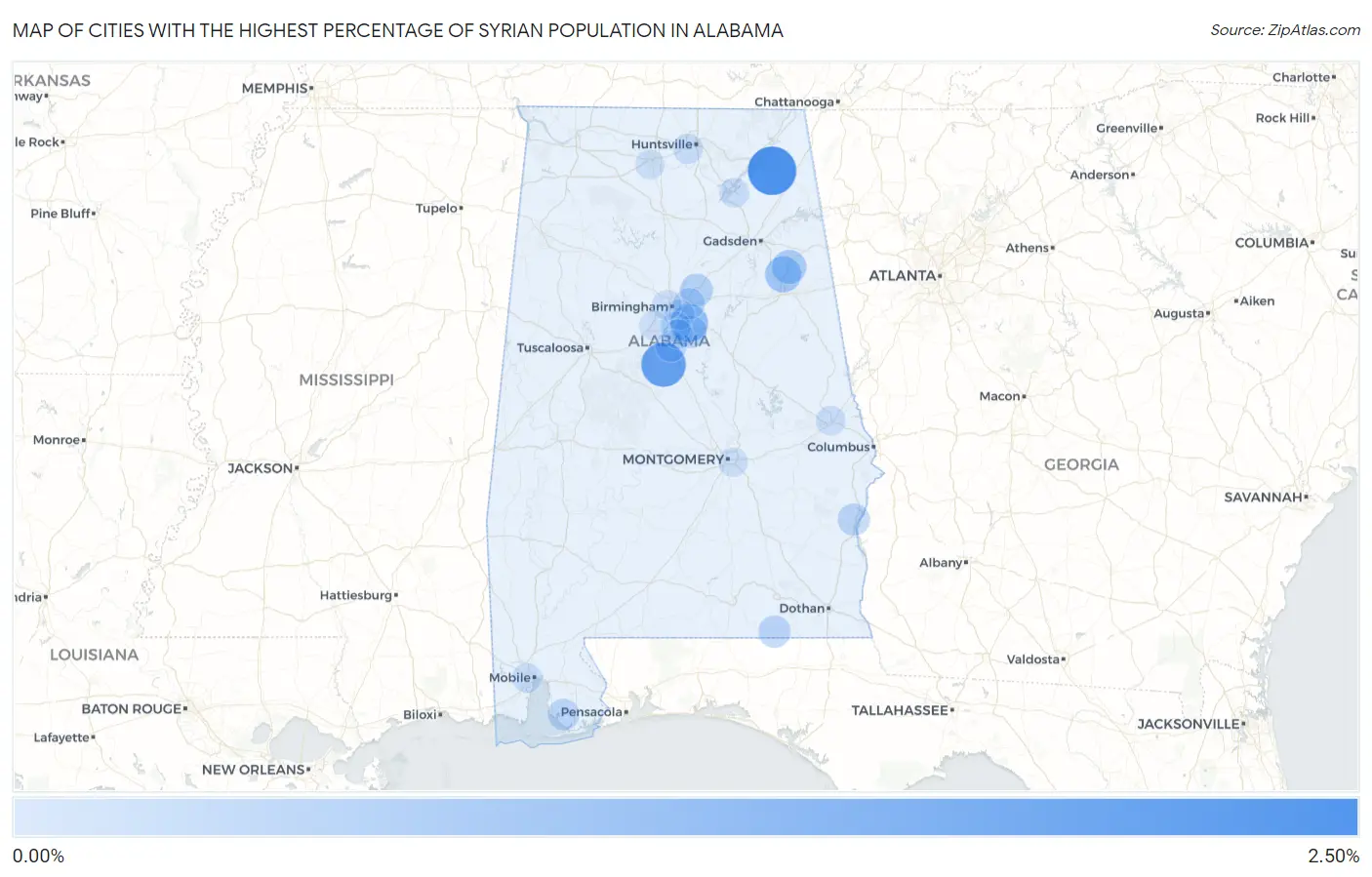 Cities with the Highest Percentage of Syrian Population in Alabama Map