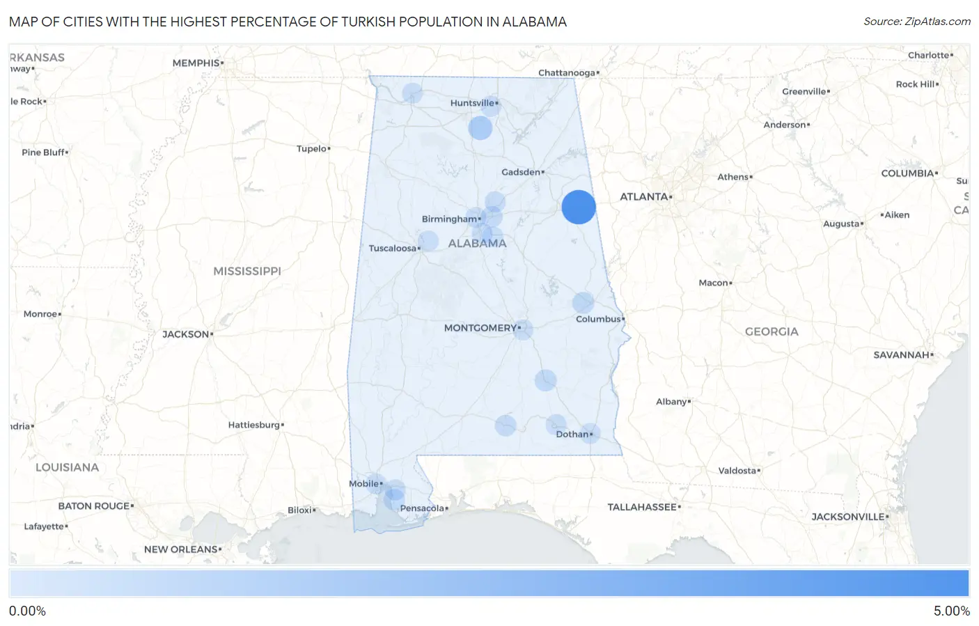 Cities with the Highest Percentage of Turkish Population in Alabama Map