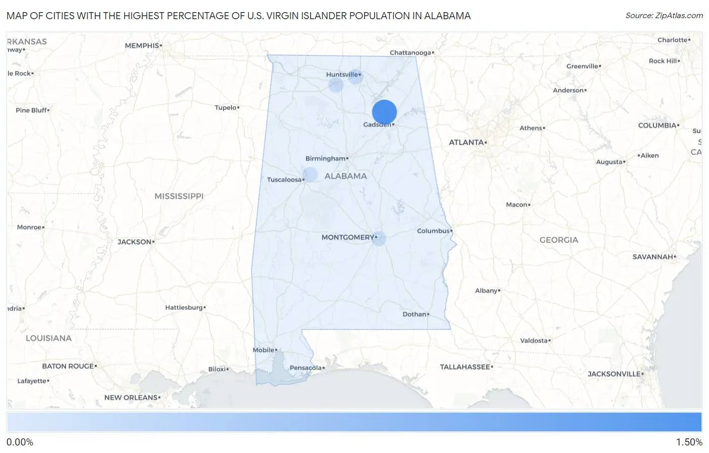 Cities with the Highest Percentage of U.S. Virgin Islander Population in Alabama Map