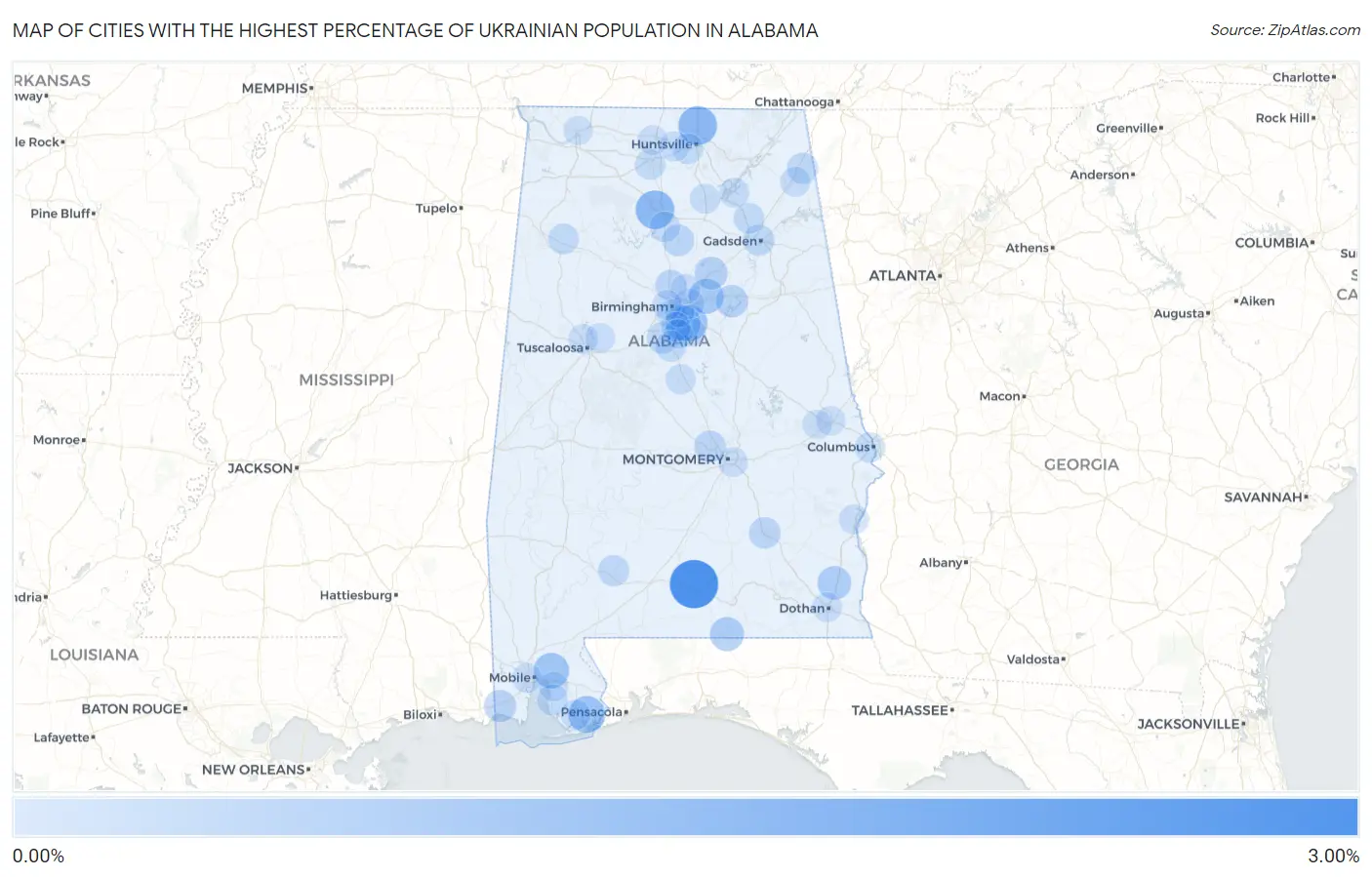 Cities with the Highest Percentage of Ukrainian Population in Alabama Map