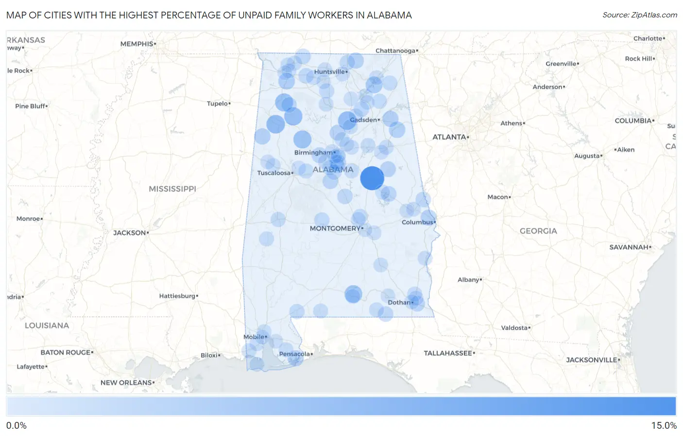 Cities with the Highest Percentage of Unpaid Family Workers in Alabama Map