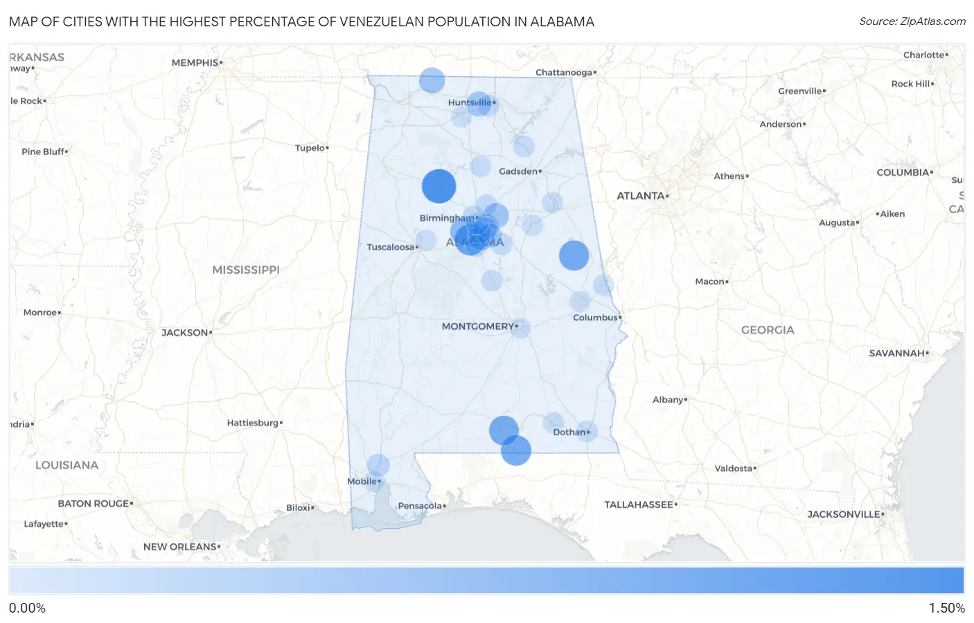 Cities with the Highest Percentage of Venezuelan Population in Alabama Map