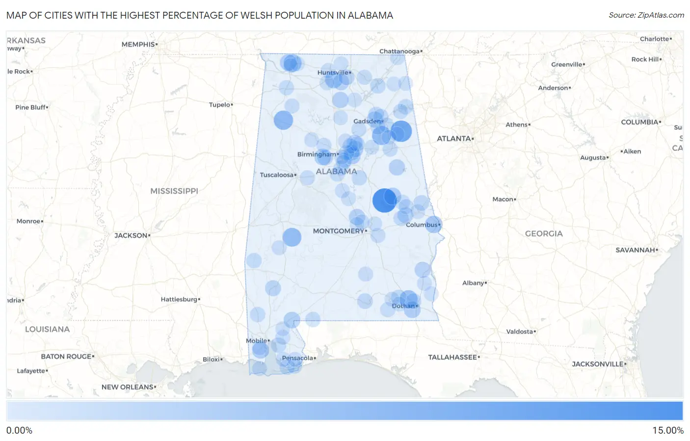 Cities with the Highest Percentage of Welsh Population in Alabama Map