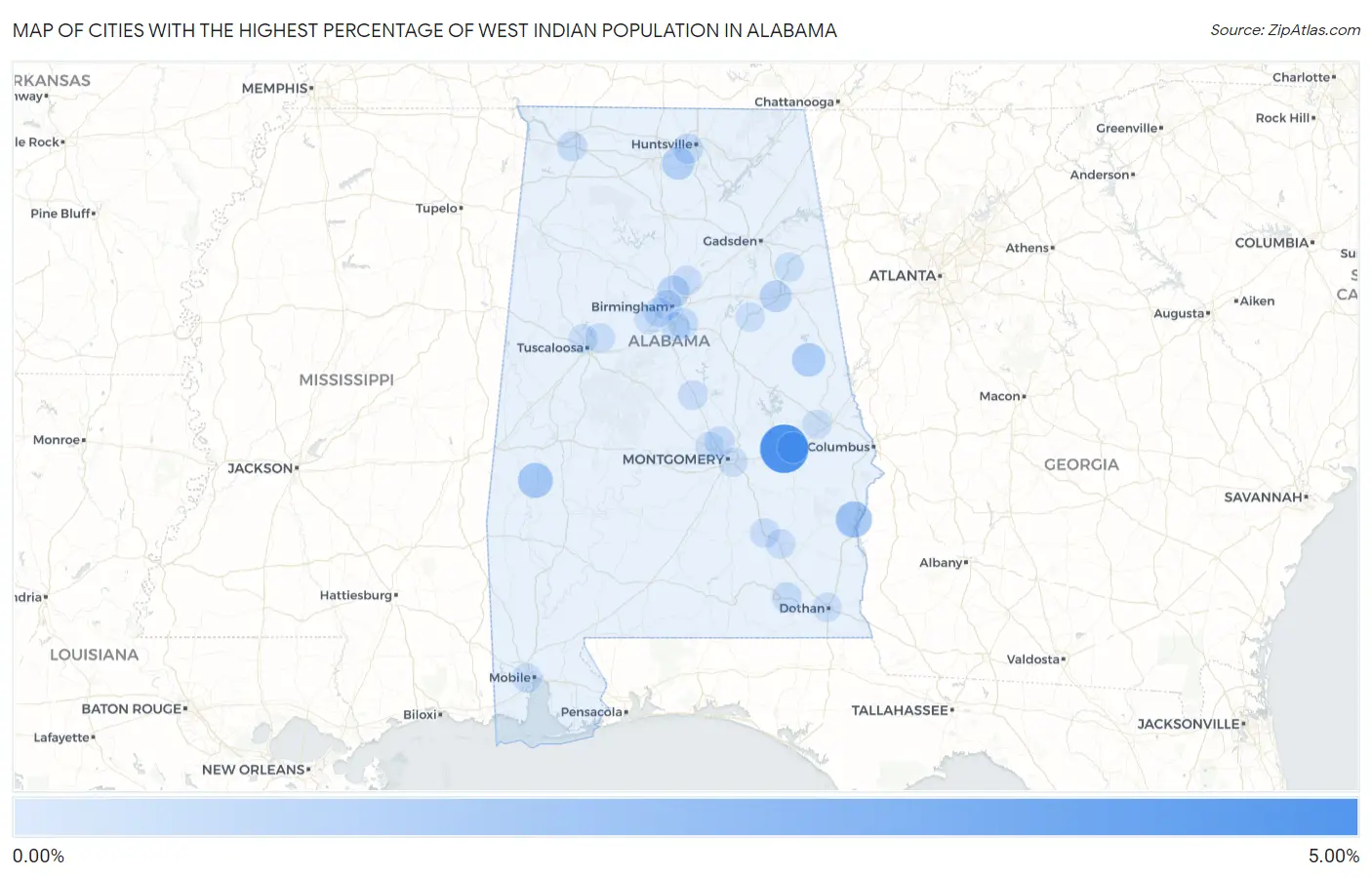Cities with the Highest Percentage of West Indian Population in Alabama Map